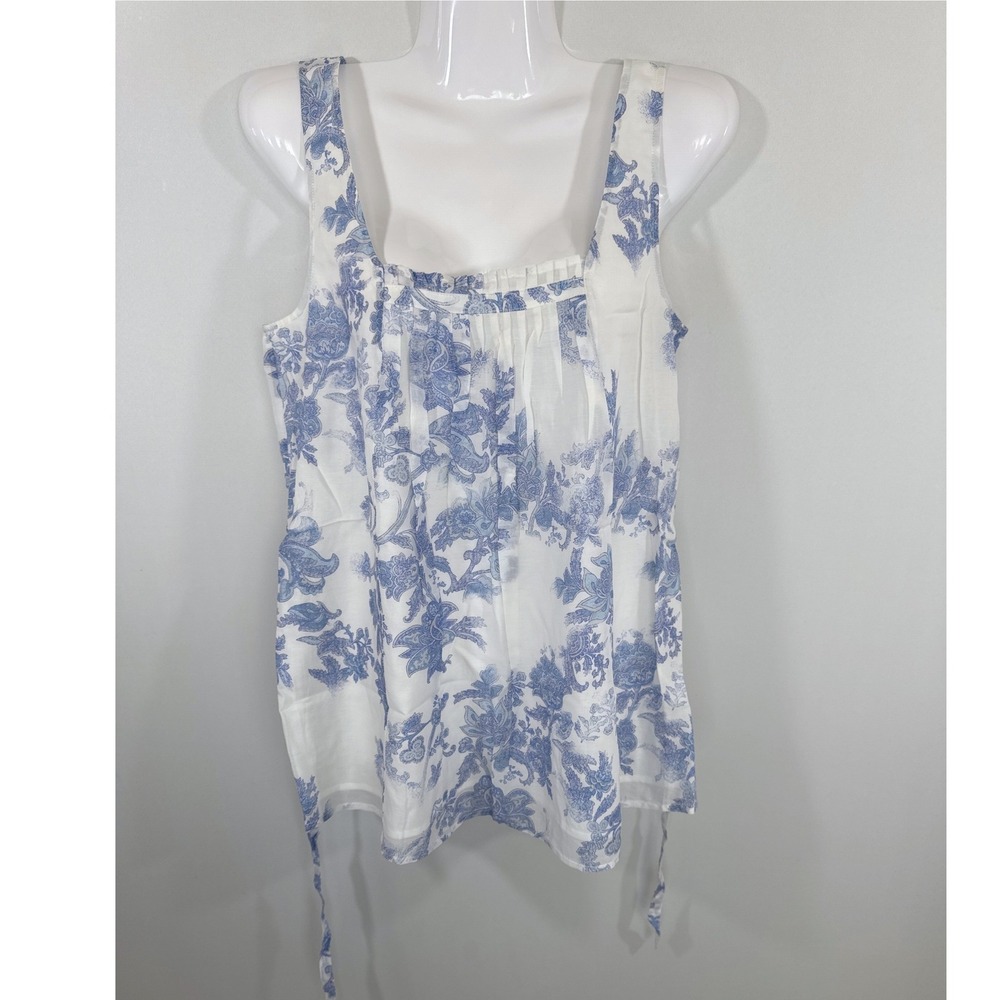 Gap Small Blue White Floral Toile Silk Blend Tie Waist Tank Top Cottage Coquette